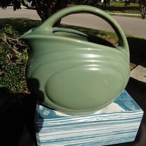 Vintage OVER AND BACK YELLOW WARE stoneware ART DECO WATER PITCHER GLAZED Green